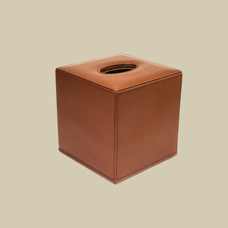Caixa de lenços elegante forrada a pele sintética e abertura na base.