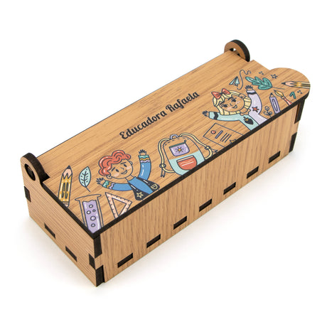 Caixa de madeira MDF revestida a melamina com personalização de impressão UV.