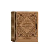 Caixa de madeira MDF kraft, em forma de livro de contos encantados. 