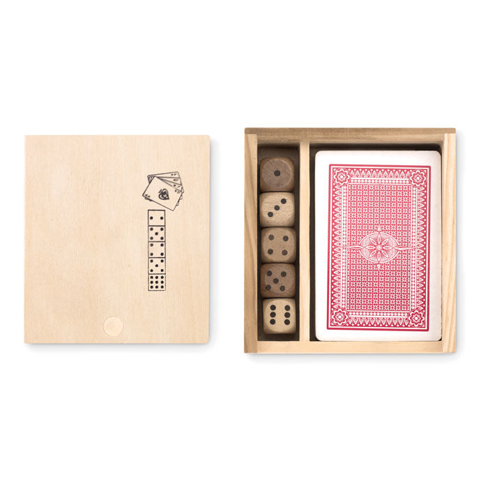 Set of cards and dice in a box